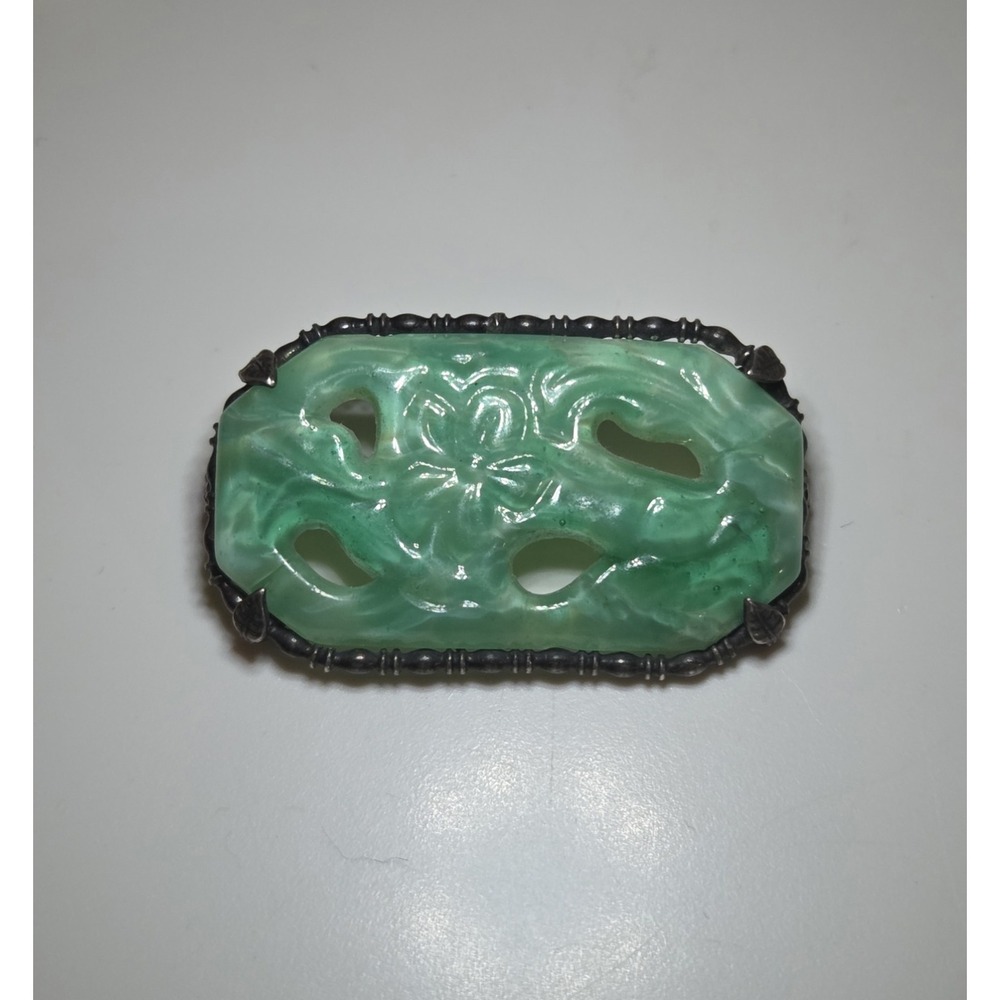 Antique Art Deco Hand Made Jade Glass Faceted Sterling Silver Brooch Circa 1920